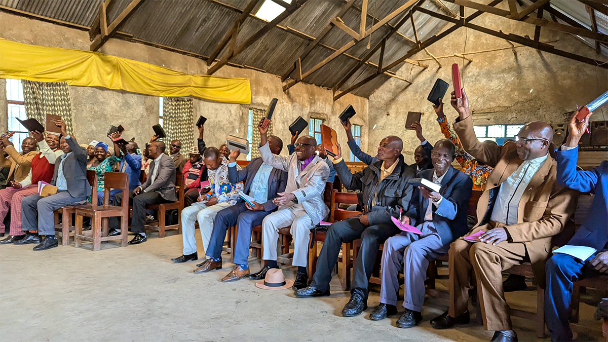 Bibles set out for a gathering in Kibumba